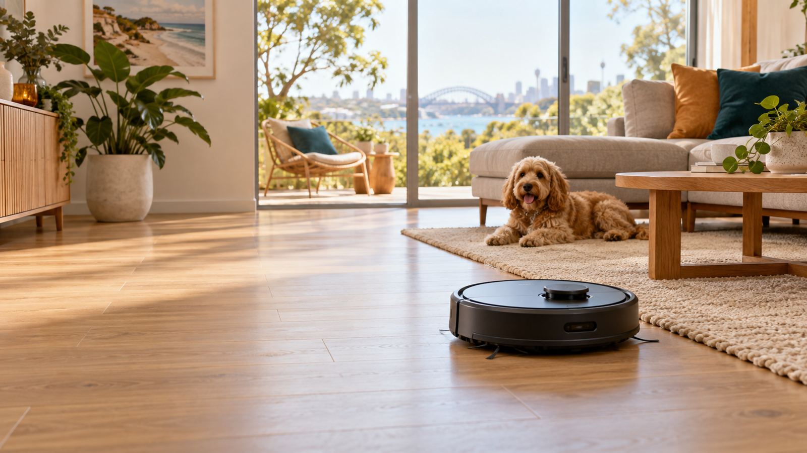 A black robot vacuum on timber floors in a sunny Sydney living room, with a cavoodle resting on a rug